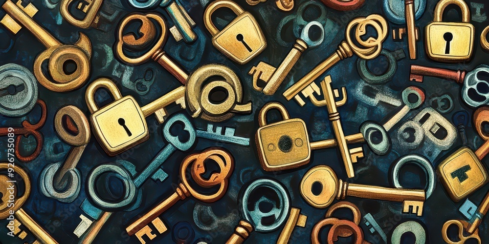 Hand-drawn cartoon seamless pattern with keys and locks. Hand-drawn cartoon seamless pattern with keys and locks.