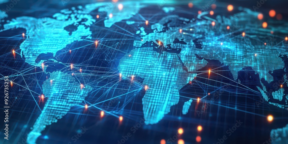 Global network with glowing lines connecting continents Global network with glowing lines connecting continents
