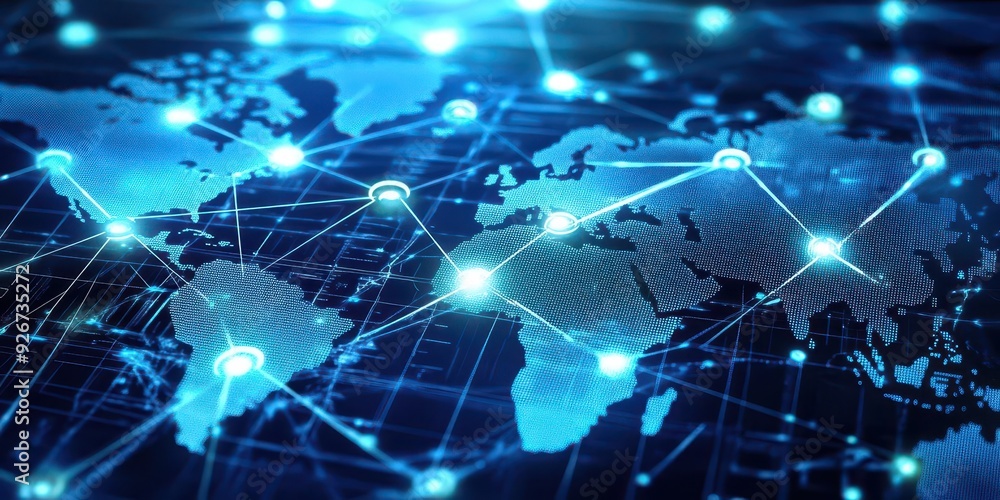 Abstract world map with glowing network connections, representing global connectivity. Abstract world map with glowing network connections, representing global connectivity.