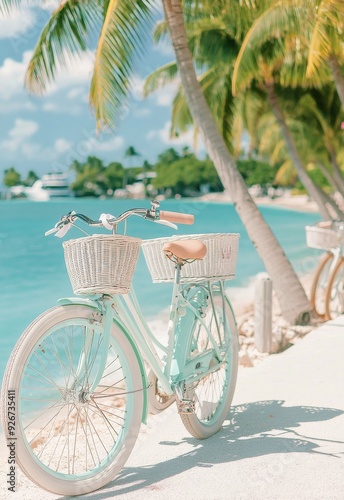 White bicycles with baskets parked on sandy beach under palm trees in tropica...