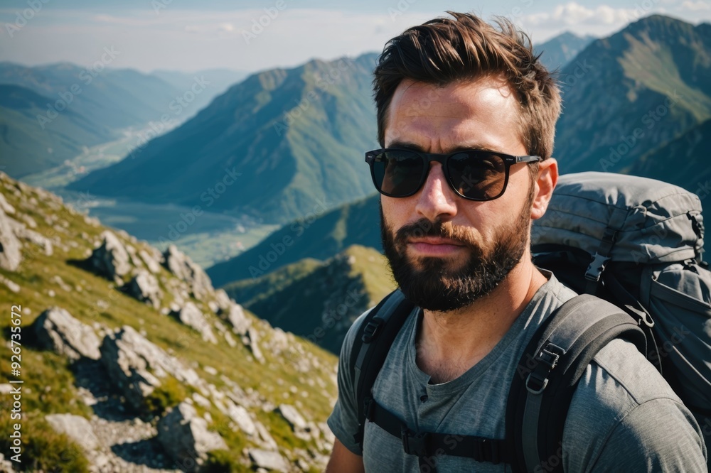 A bearded traveler wearing dark sunglasses with a backpack on the top of a mountain A bearded traveler wearing dark sunglasses with a backpack on the top of a mountain