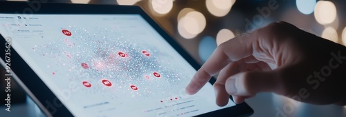 Person interacting with data visualization on tablet during evening in a mode...