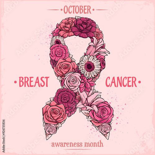 Hand drawn Breast cancer awareness ribbon made with beautiful flowers in different tones of pink