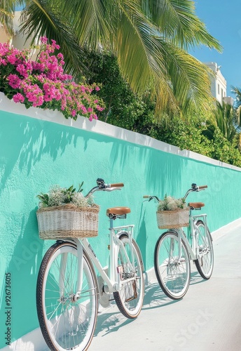 White bicycles with baskets parked on sandy beach under palm trees in tropica...