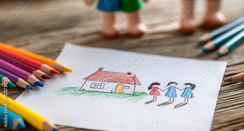 Childrens drawing of a house with family figures and colorful art supplies on...