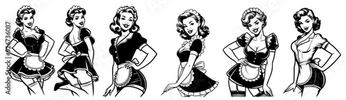 beauty pin-up girl illustration, adorable beautiful pinup woman model, comic book character, black shape silhouette vector decoration