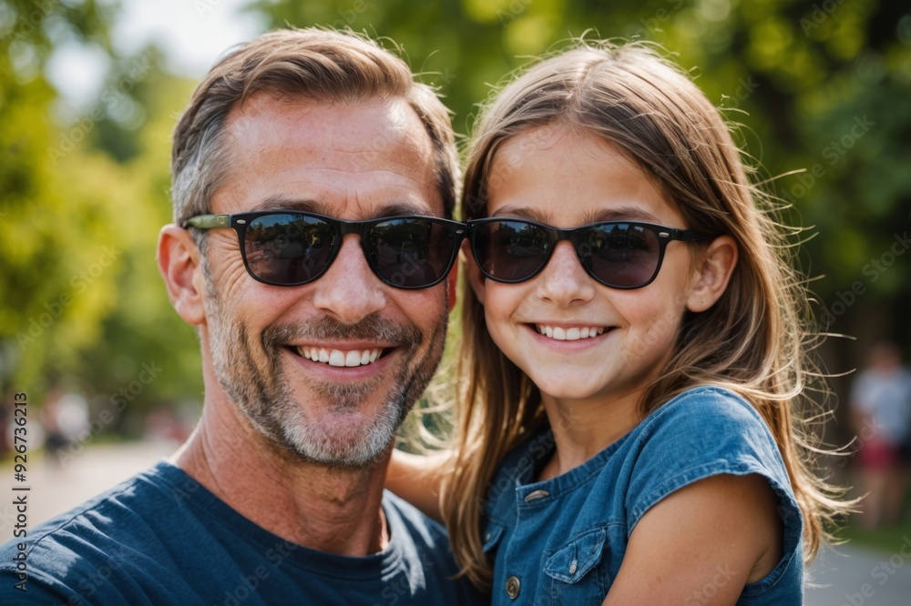 A dad and daughter wearing dark sunglasses are smiling for a picture A dad and daughter wearing dark sunglasses are smiling for a picture