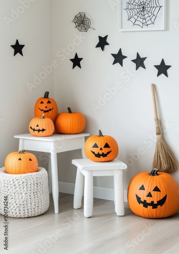 Autumn decorations with pumpkins, broom, and black stars on a white background