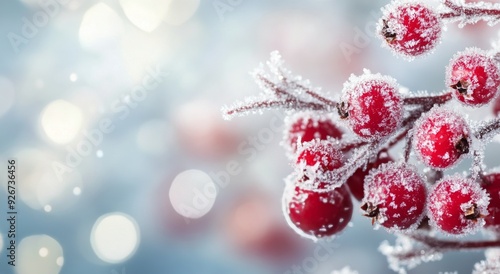 Frost-covered red berries on branches during a winter morning