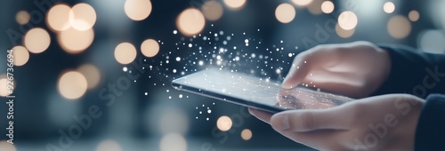 Person interacting with data visualization on tablet during evening in a mode...