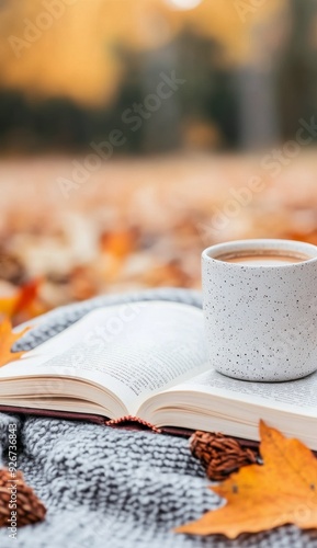 A cozy moment with a book and coffee amid autumn leaves in the park