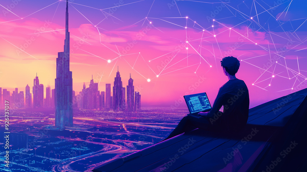 man with computer sits on roof of house and looks at sity, art based on traffic flow data man with computer sits on roof of house and looks at sity, art based on traffic flow data
