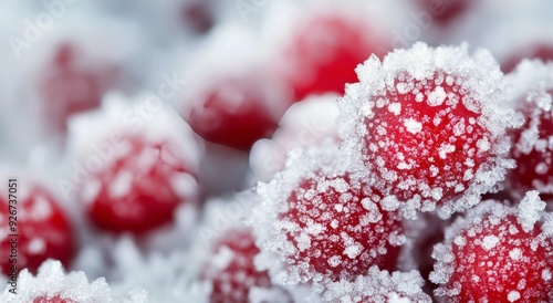 Frost-covered red berries on branches during a winter morning