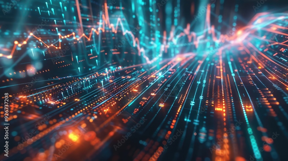 Dynamic digital visualization of data trends and analytics, showcasing vibrant colors and abstract lines of light. Dynamic digital visualization of data trends and analytics, showcasing vibrant colors and abstract lines of light.