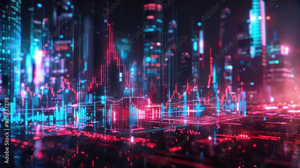 Futuristic cityscape with vibrant neon lights and digital graphs, illustrating advanced technology and urban development. Futuristic cityscape with vibrant neon lights and digital graphs, illustrating advanced technology and urban development.