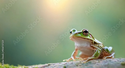 Green tree frog perched on a rock during a sunny day in a lush garden