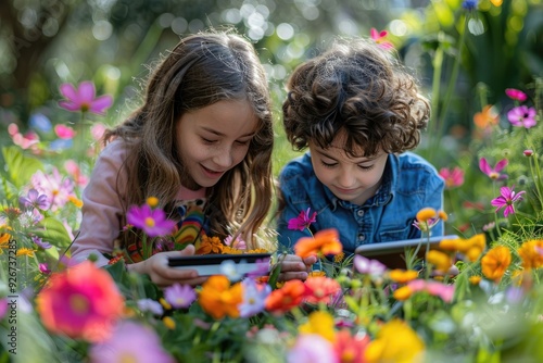 Two children enjoying outdoor games on tablets amidst vibrant flowers, showcasing a blend of nature and technology.