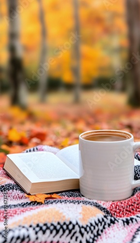 A cozy moment with a book and coffee amid autumn leaves in the park
