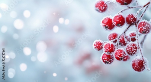 Frost-covered red berries on branches during a winter morning