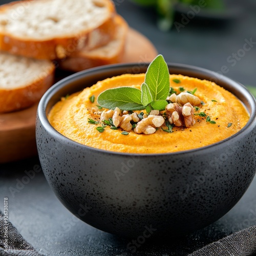 Creamy orange dip served with bread and garnished with nuts and herbs