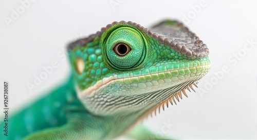 Close-up of a vibrant green lizard with detailed scales and striking eyes