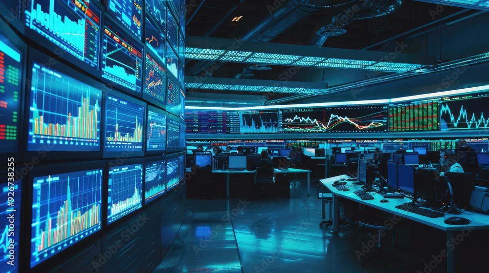 Fototapeta premium Dynamic trading floor with advanced technology, showcasing financial graphs and digital screens in a high-tech environment.