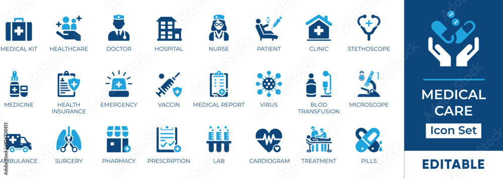 Medical Care Icon Set featuring essential healthcare elements like doctors, hospitals, medicine, and more. Perfect for medical websites, apps. Editable vector graphics for customization. Medical Care Icon Set featuring essential healthcare elements like doctors, hospitals, medicine, and more. Perfect for medical websites, apps. Editable vector graphics for customization.