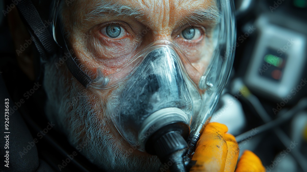 Close-Up of Elderly Man Wearing an Oxygen Mask, Expressing Resilience and Determination in a Critical Health Situation, Detailed Portrait Shot Close-Up of Elderly Man Wearing an Oxygen Mask, Expressing Resilience and Determination in a Critical Health Situation, Detailed Portrait Shot