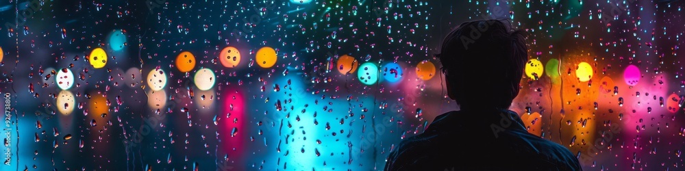 silhouette of a man against the background of glass with rain and neon light. silhouette of a man against the background of glass with rain and neon light.
