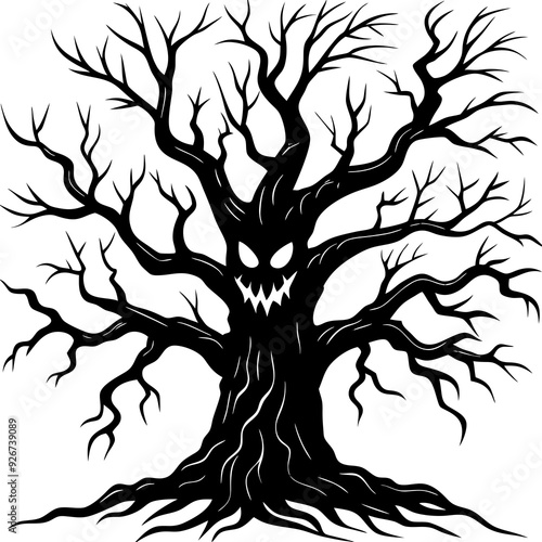 Spooky haunted tree vector silhouette illustration with white background 