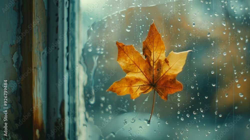 Obraz premium autumn leaf on glass with rain.