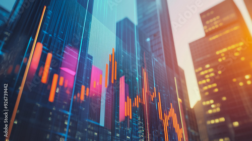 Abstract with pastel colorful charts and graphs with statistics to analyze business potential and forecast future development of companies growth. with city skyline and modern building background