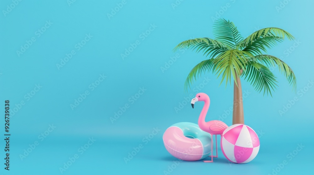 Naklejka premium Summer Fun with Flamingo, Palm Tree, and Beach Ball