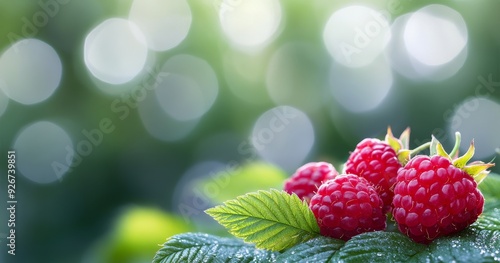 Ripe raspberry on green leaf in a lush garden during a sunny afternoon