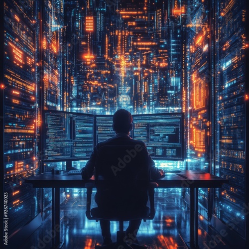 Wallpaper Mural Cutting-edge Vision: Tech Guru in Futuristic Data Center Utilizing Laptop Amidst Warehouse, Streamlined Digitalization with Server-Based Information. SAAS, Cloud Computing, Web Service Empowered. Torontodigital.ca