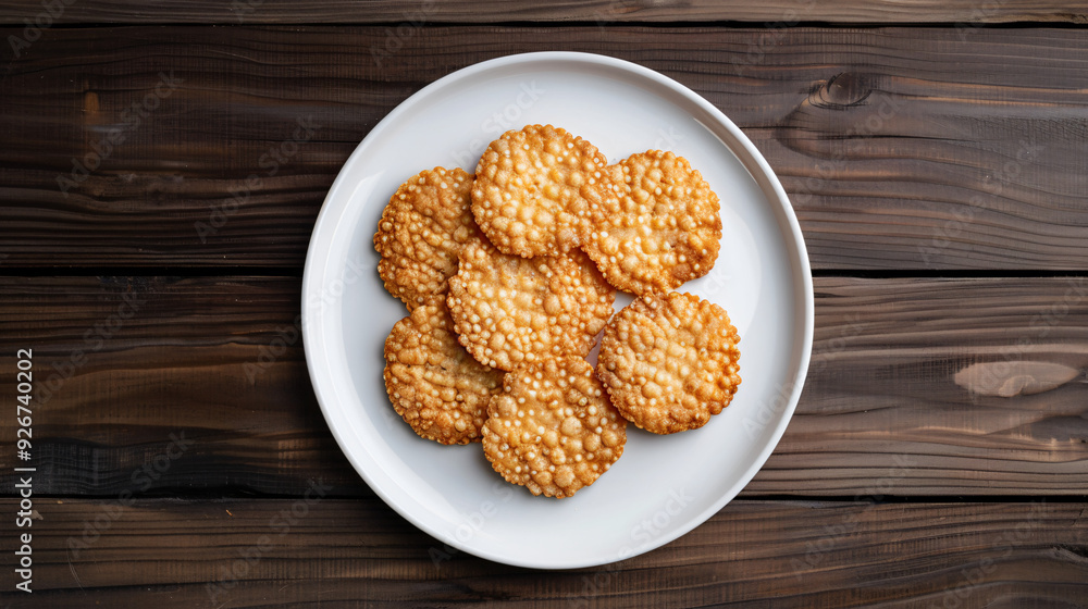 Naklejka premium Golden-brown rice crackers on a white plate on a wooden table, crispy and delicious, perfect for food photography