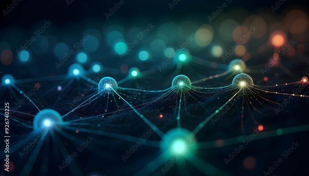 A network of glowing green spheres connected by lines, creating a futuristic and abstract pattern against a dark background A network of glowing green spheres connected by lines, creating a futuristic and abstract pattern against a dark background