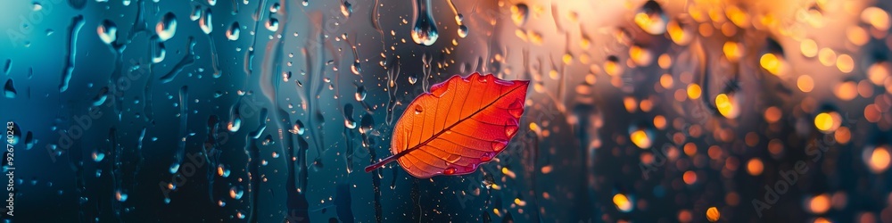 autumn leaf on glass with rain against the background of city lights. autumn leaf on glass with rain against the background of city lights.