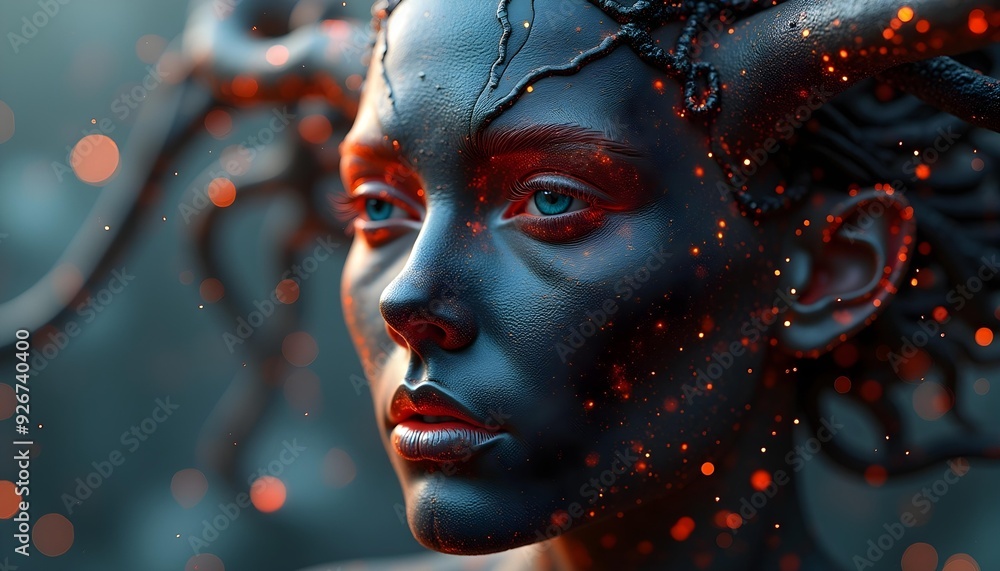 A close-up portrait of a futuristic female android with glowing red circuits on her face, set against a blurred, dark background with hints of orange and red A close-up portrait of a futuristic female android with glowing red circuits on her face, set against a blurred, dark background with hints of orange and red