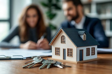 Real estate agent or realtor signing mortgage agreement for new home with couple of happy young clients. Concept of home loan and buying own property. Close up of miniature house. 