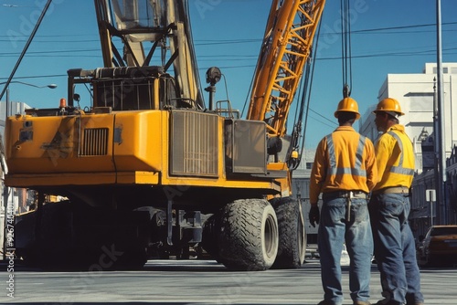 Construction Workers Inspecting Large Crane in City