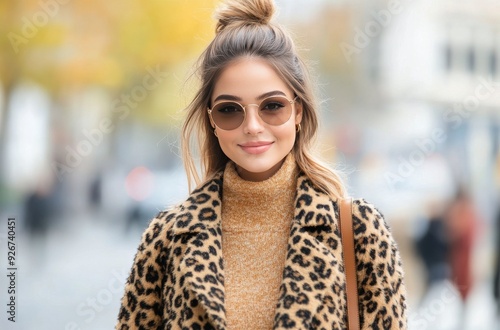 Young woman in leopard print coat and sunglasses walking through a busy urban...