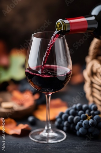Pouring red wine into a glass beside fresh grapes and autumn leaves
