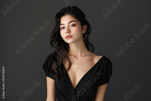 Portrait of a beautiful young Asian woman in black dress, Ai Generated