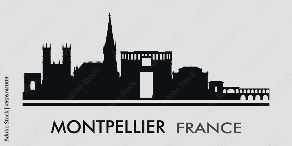 Naklejka premium The city skyline. Montpellier. France. Silhouettes of buildings. Vector on a gray background