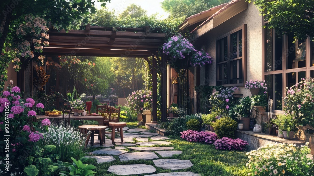 A garden with a patio and flowers in the back, AI A garden with a patio and flowers in the back, AI