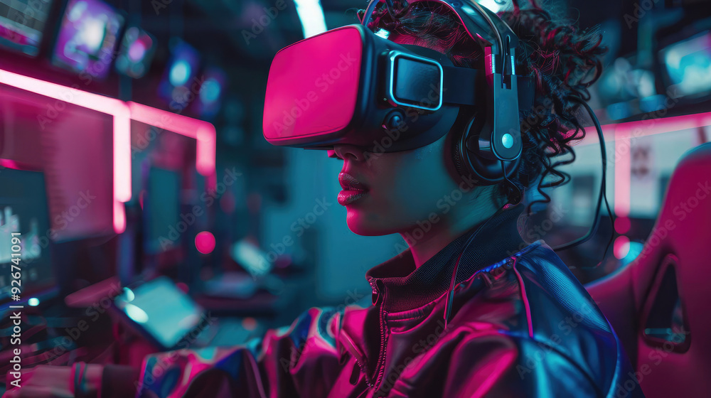 A gamer immersed in virtual reality, using advanced VR technology in a colorful and dynamic gaming environment. A gamer immersed in virtual reality, using advanced VR technology in a colorful and dynamic gaming environment.