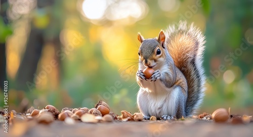 Squirrel gathering acorns in a sunlit forest during autumn