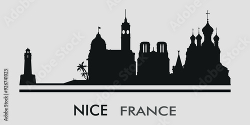 The city skyline. Nice. France. Silhouettes of buildings. Vector on a gray background