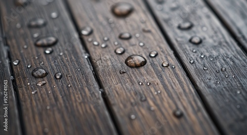Rain droplets on wooden surface photographed in a close-up during overcast we...